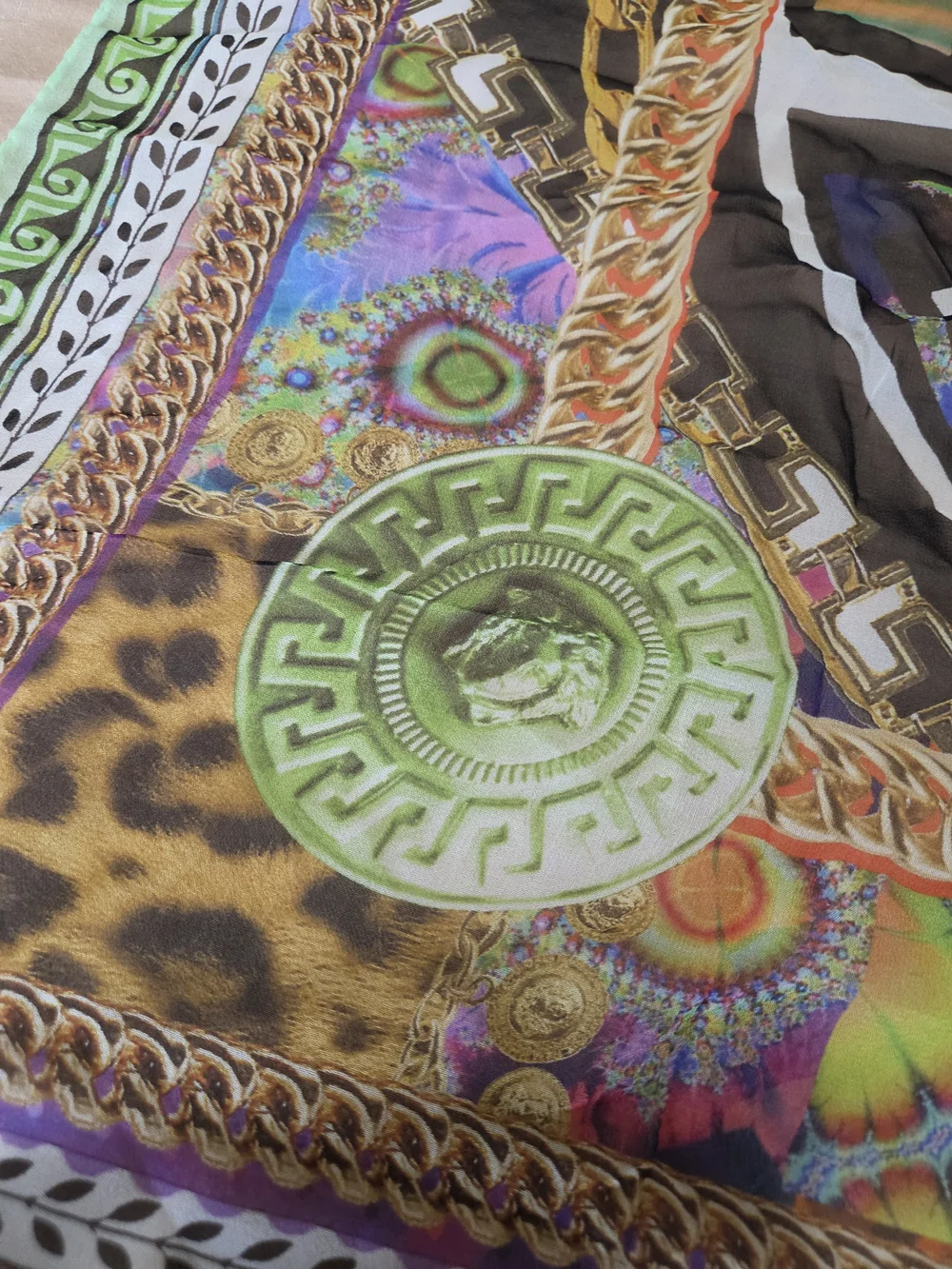 Authentic Versace 100% Silk Medusa Greek Key Multicolor Scarf Shawl Made Italy